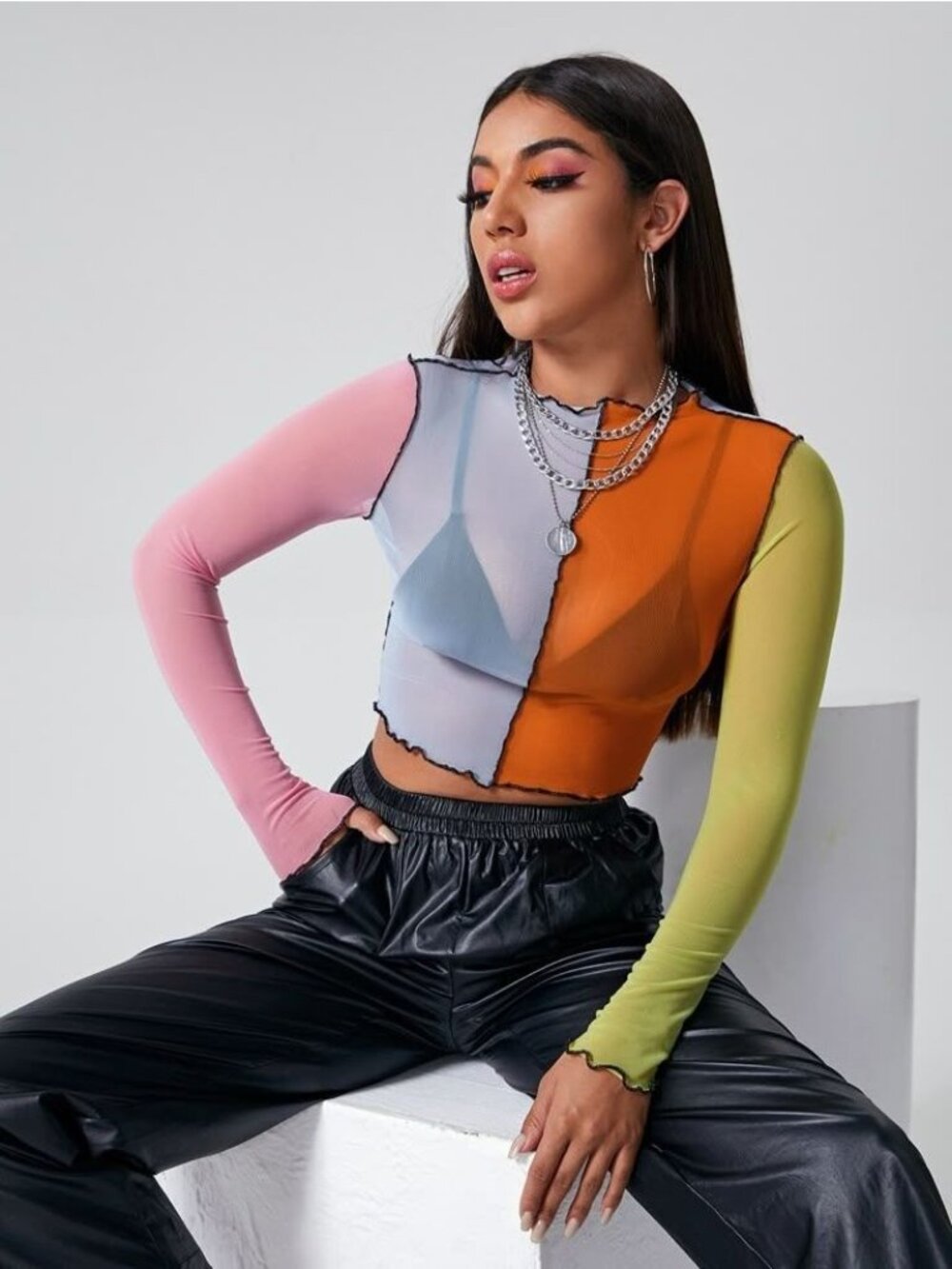 Colorblock Long Sleeve Sheer Top L Lettuce Hem Pink Orange Green Nylon/Spandex